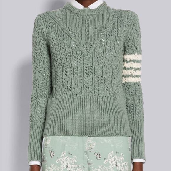 Thom Browne Merino Wool Sweater Irish Pointelle Cable Knit Green Size 8 - Picture 15 of 16